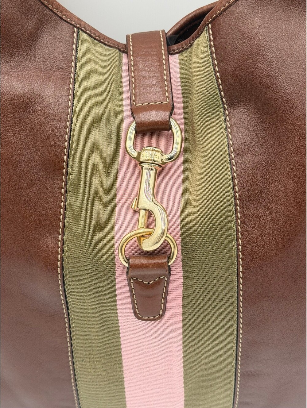 Gucci Vintage Large Jackie O Bouvier Hobo Bag Brown Leather Pink Green Stripe - Picture 3 of 16